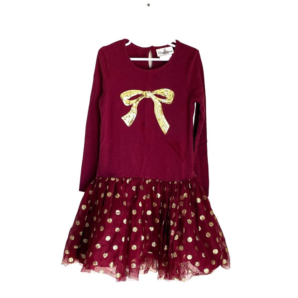 Girls rare editions burgundy tulle twirl worthy dress with gold bow Sz 6X
